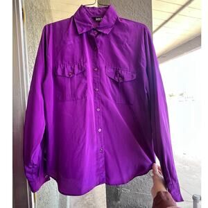 Vintage 90's purple silky polyester button down top size 8